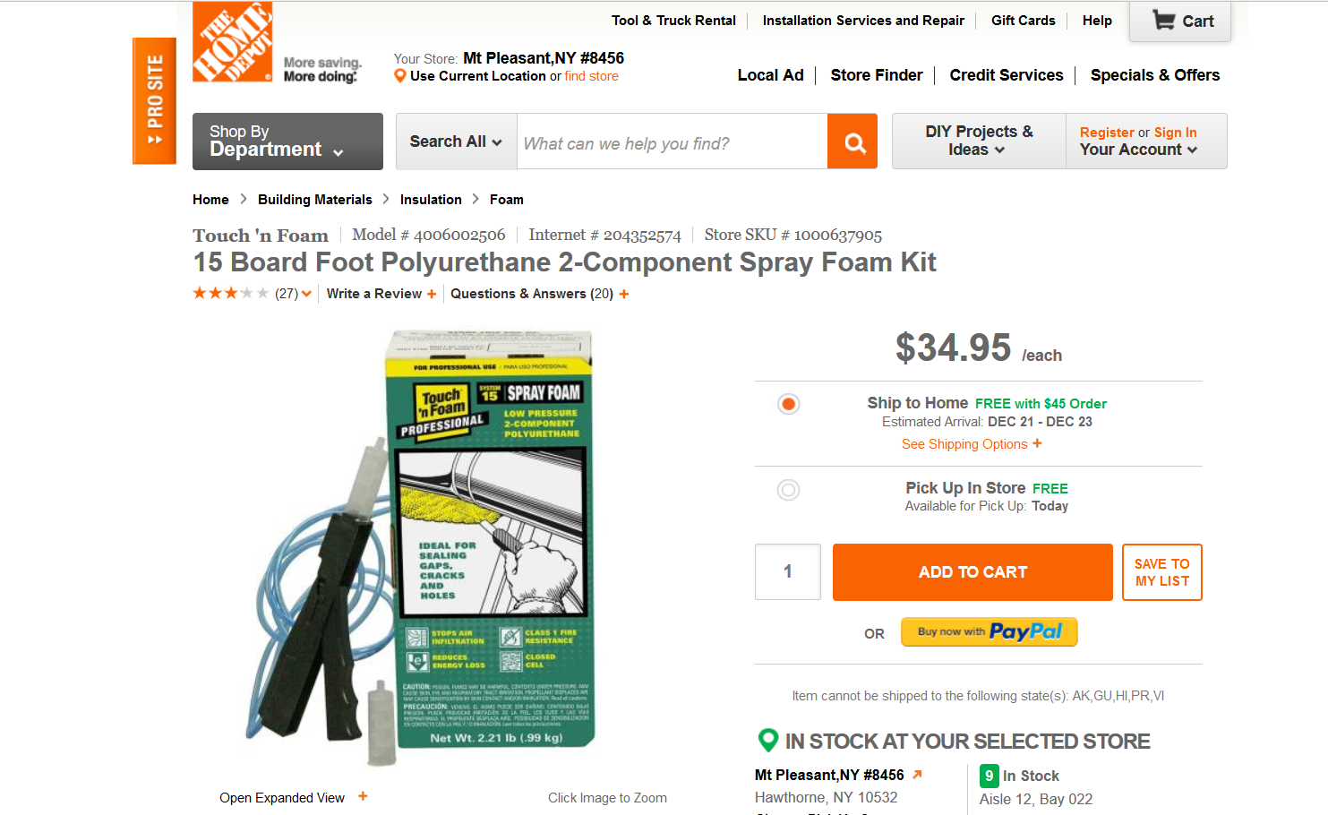 Foam spray kit, Polyurethane