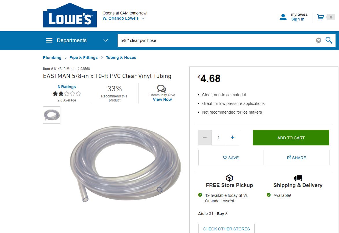 5/8 inch clear PVC tubing