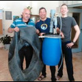 This is a picture of the completed pickle barrel digester with the inner tube brought by the very kind Palestinian garage mechanic, Khalil, who we bought it from.